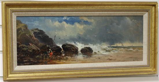W.T. Ready, oil on canvas laid on board, figures on a beach, 19 x 53cm